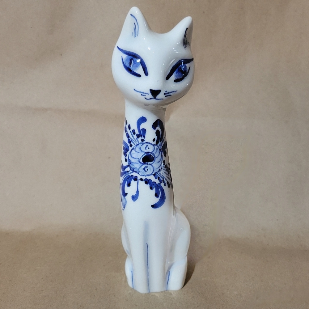 Vintage Blue & White Floral Porcelain Cat